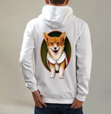 Вельш-корги, Толстовка на молнии, печать на спине. муж. белая v3 320гр