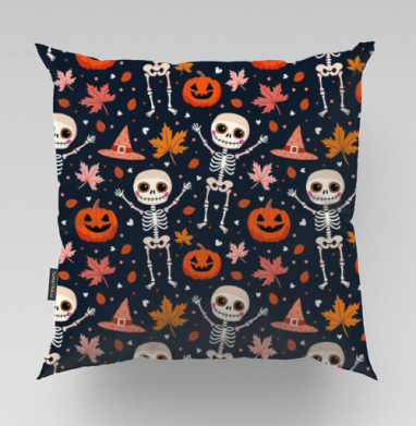 Веселый танцующий скелет и тыква / Happy skeleton and pumpkin Halloween, Подушка велюр плюшевая 45х45