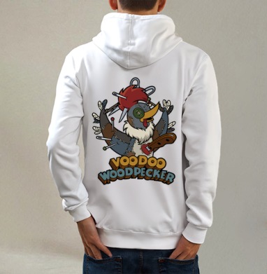 Voodoo Woodpecker Вуду дятел мультяшная стилизованная иллюстрация, Толстовка на молнии, печать на спине. муж. белая v3 320гр