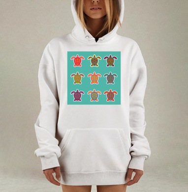 Яркие морские черепахи в орнаменте на бирюзовом фоне, Hoodie Mjhigh Dig, оверсайз, утепленная