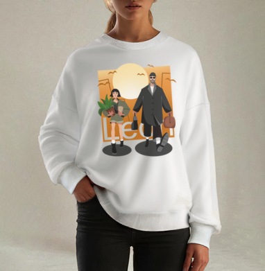 Жан Рено с девушкой в вечернем городе Леон, Свитшот оверсайз белый женский