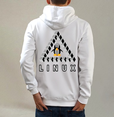 Пингвин на треугольнике Пенроуза с надписью Linux Линукс, Толстовка на молнии, печать на спине. муж. белая v3 320гр