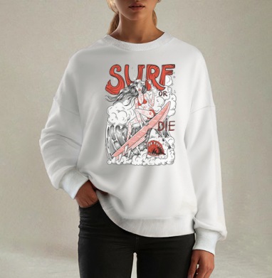 Девушка Серфер На Волне С Акулами Surf Or Die, Свитшот оверсайз белый женский