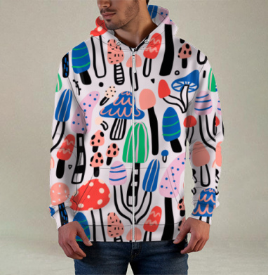 Яркие разноцветные грибы весёлая полевая композиция для вдохновения, Толстовка мужская на молнии 3Д полная запечатка