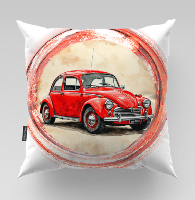 Винтажный красный жук Red Retro Car ретро автомобиль акварель, Подушка велюр плюшевая 45х45
