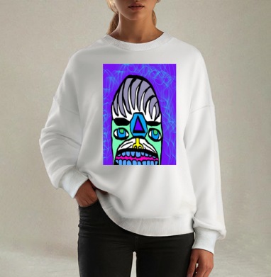 Яркое абстрактное лицо с геометрическими элементами и синим узором, Свитшот оверсайз белый женский