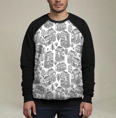Графический узор с домами и деревьями в минимализме, Свитшот мужской 3D / хлопок