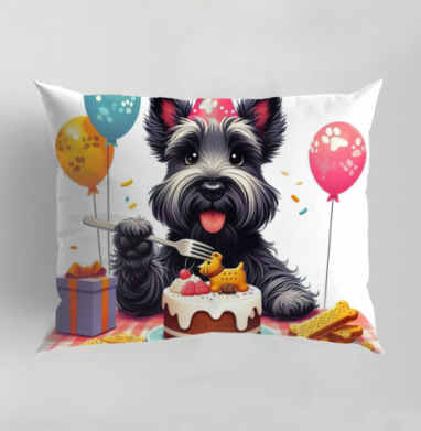 Маленький черный терьер отмечает первый юбилей Birthday Dog Party, Подушка декоративная 50х70 см