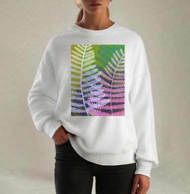 Листья папоротника с зелёным жёлтым и розовым оттенками, Свитшот оверсайз белый женский