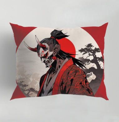 Warrior Demon in Traditional Kimono / Воин демон самурай в маске, Подушка декоративная 50х70 см