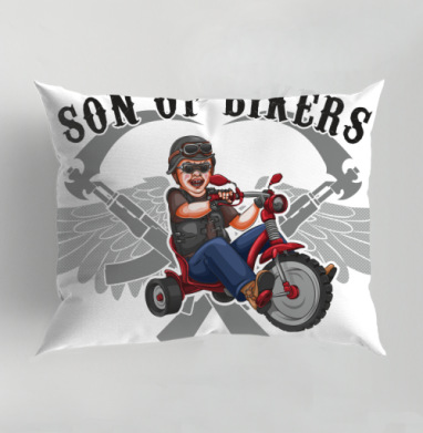 SON OF BIKERS / Сын Байкеров забавный малыш гоняет на красном трицикле весело, Подушка декоративная 50х70 см