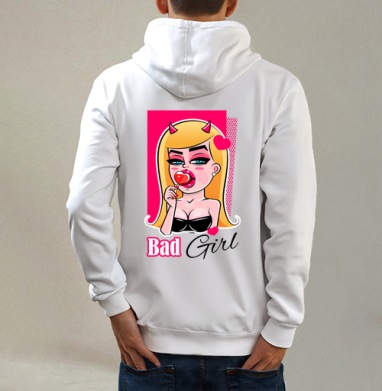 Дерзкая девушка с леденцом и рогами Bad Girl, Толстовка на молнии, печать на спине. муж. белая v3 320гр