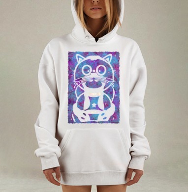 Белый кот на фиолетово голубом фоне космоса, Hoodie Mjhigh Dig, оверсайз, утепленная