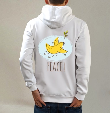 Банан-птица 'PEACE!' — символ мира и юмора, Толстовка на молнии, печать на спине. муж. белая v3 320гр