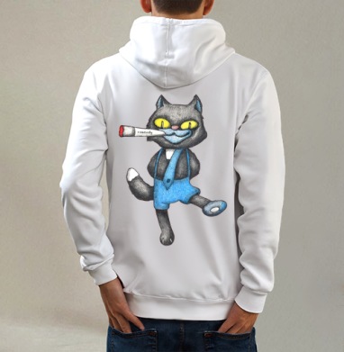Дерзкий кот, Толстовка на молнии, печать на спине. муж. белая v3 320гр