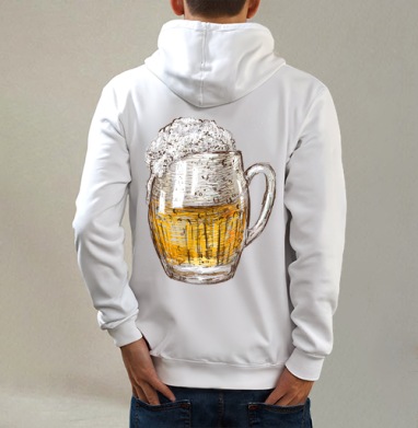 Янтарная кружка пива Beer Time, Толстовка на молнии, печать на спине. муж. белая v3 320гр