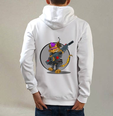 Крутой  Кот, Толстовка на молнии, печать на спине. муж. белая v3 320гр