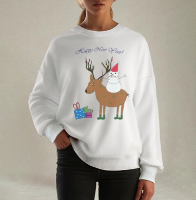 Веселая новогодняя открытка с оленем и снеговиком, Свитшот оверсайз белый женский