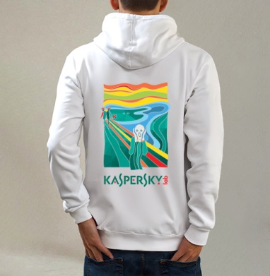 Современная Интерпретация «Крика» с Логотипом Kaspersky, Толстовка на молнии, печать на спине. муж. белая v3 320гр