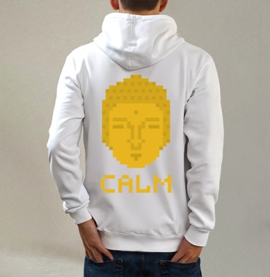 Пиксельное Лицо Будды с Надписью Calm, Толстовка на молнии, печать на спине. муж. белая v3 320гр