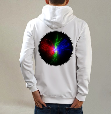 Мощный всплеск RGB цвета в динамике, Толстовка на молнии, печать на спине. муж. белая v3 320гр