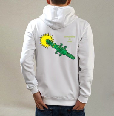 Зеленый крокодил заглатывает желтое солнце crocodile & sun, Толстовка на молнии, печать на спине. муж. белая v3 320гр