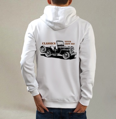 Винтажная графика классического джипа Willys MB, Толстовка на молнии, печать на спине. муж. белая v3 320гр