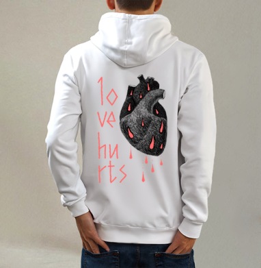 Love hurts! / Любовь ранит!, Толстовка на молнии, печать на спине. муж. белая v3 320гр