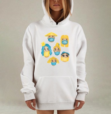Яркий узор лиц с масками в синих и жёлтых тонах, Hoodie Mjhigh Dig, оверсайз, утепленная