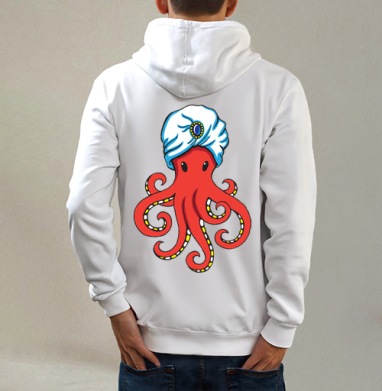 Mystic Octopus / Мистический Осьминог в тюрбане как восточного мудреца мистика, Толстовка на молнии, печать на спине. муж. белая v3 320гр