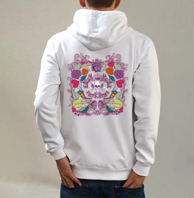 Skull in flowers / Череп в цветах, Толстовка на молнии, печать на спине. муж. белая v3 320гр