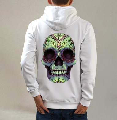 Sugar Skull / Сахарный череп, Толстовка на молнии, печать на спине. муж. белая v3 320гр