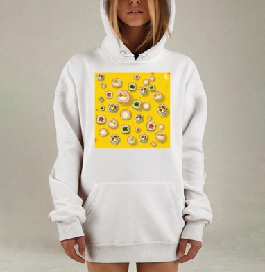 Яркие суши разложены с акцентом на желтом фоне, Hoodie Mjhigh Dig, оверсайз, утепленная