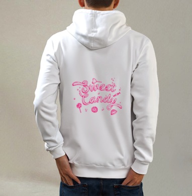 Sweet Candy Pink / Сладкий конфетно-розовый, Толстовка на молнии, печать на спине. муж. белая v3 320гр