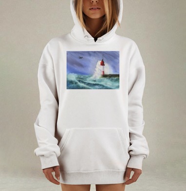 Маяк в шторме с парящей чайкой акварелью, Hoodie Mjhigh Dig, оверсайз, утепленная