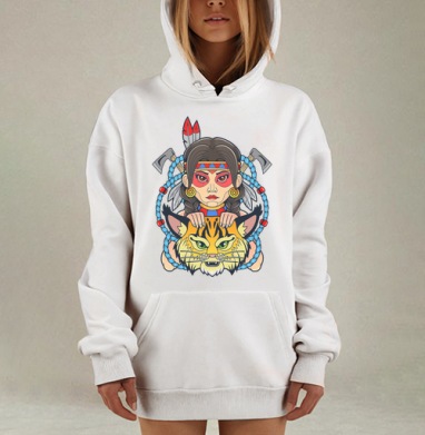 Индейская девушка с рысью в воинском образе, Hoodie Mjhigh Dig, оверсайз, утепленная