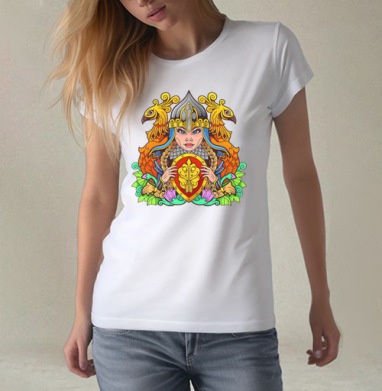 Воительница с щитом и птицами Сила защиты щита, Футболка женская белая 180гр