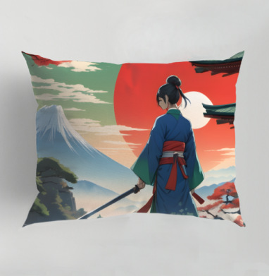Самурай у горы Фудзи с мечом на закате уединенного достоинства, Подушка декоративная 50х70 см