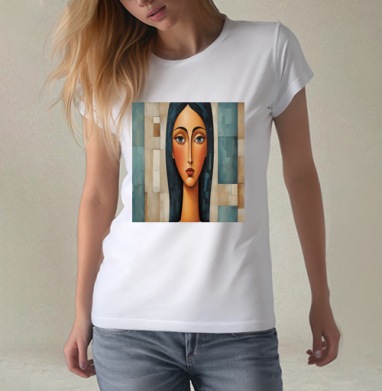 Загадочная женщина в стиле модерн Mysterious Woman портрет синие глаза, Футболка женская белая 180гр