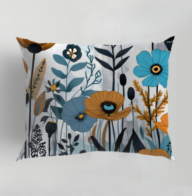 Дикие горчичные маки и синие полевые цветы Botanical floral pattern, Подушка декоративная 50х70 см