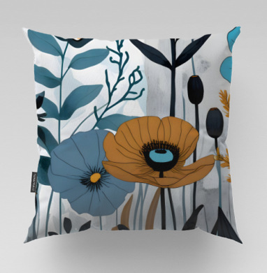 Дикие горчичные маки и синие полевые цветы Botanical floral pattern, Подушка велюр плюшевая 45х45