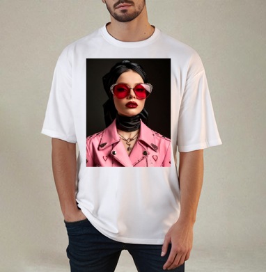 Смелый портрет девушки в розовой куртке и красных очках, Футболка / Мужчинам / Оверсайз / Белая / C принтом