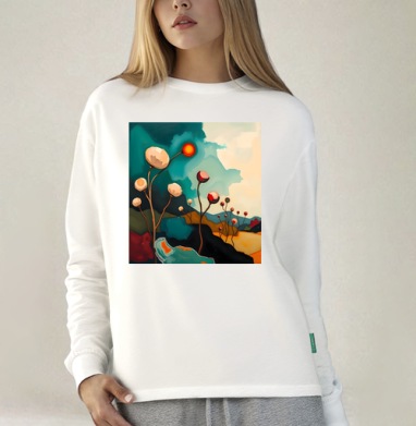 Surreal Flower Garden Абстрактные цветы тянутся к сияющему теплому солнцу, Футболка лонгслив женская белая