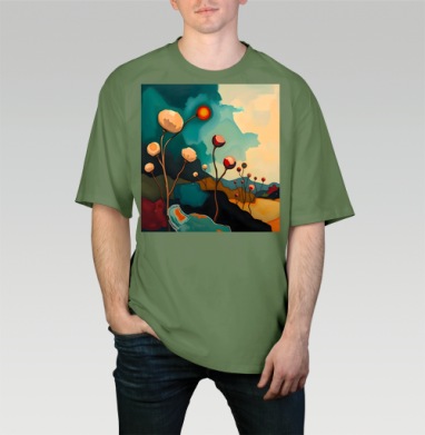 Surreal Flower Garden Абстрактные цветы тянутся к сияющему теплому солнцу, Футболка мужская оверсайз оливковая
