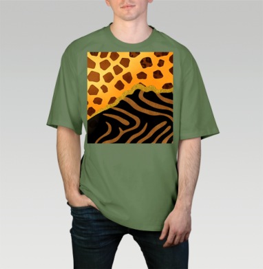 Golden animal print / Золотой анималистичный паттерн зебры и жирафа, Футболка мужская оверсайз оливковая