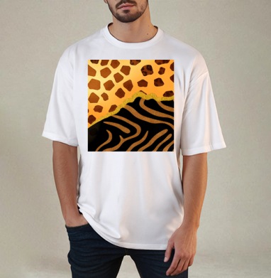 Golden animal print / Золотой анималистичный паттерн зебры и жирафа, Футболка / Мужчинам / Оверсайз / Белая / C принтом