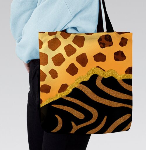 Golden animal print / Золотой анималистичный паттерн зебры и жирафа, Сумка с ручкой и внутренним карманом на молнии
