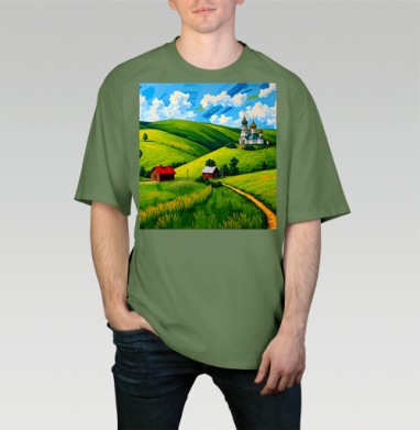Village Summer Landscape - Летний сельский пейзаж с золотыми куполами церкви, Футболка мужская оверсайз оливковая