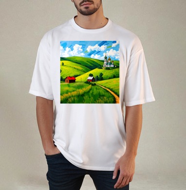 Village Summer Landscape - Летний сельский пейзаж с золотыми куполами церкви, Футболка / Мужчинам / Оверсайз / Белая / C принтом