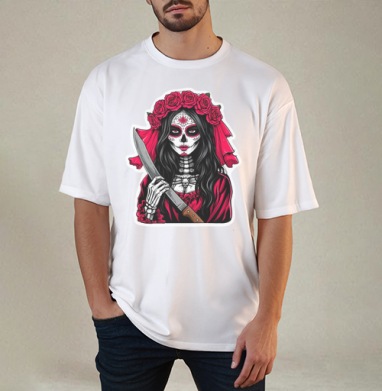 Мстительная невеста Santa Muerte с ножом, Футболка / Мужчинам / Оверсайз / Белая / C принтом